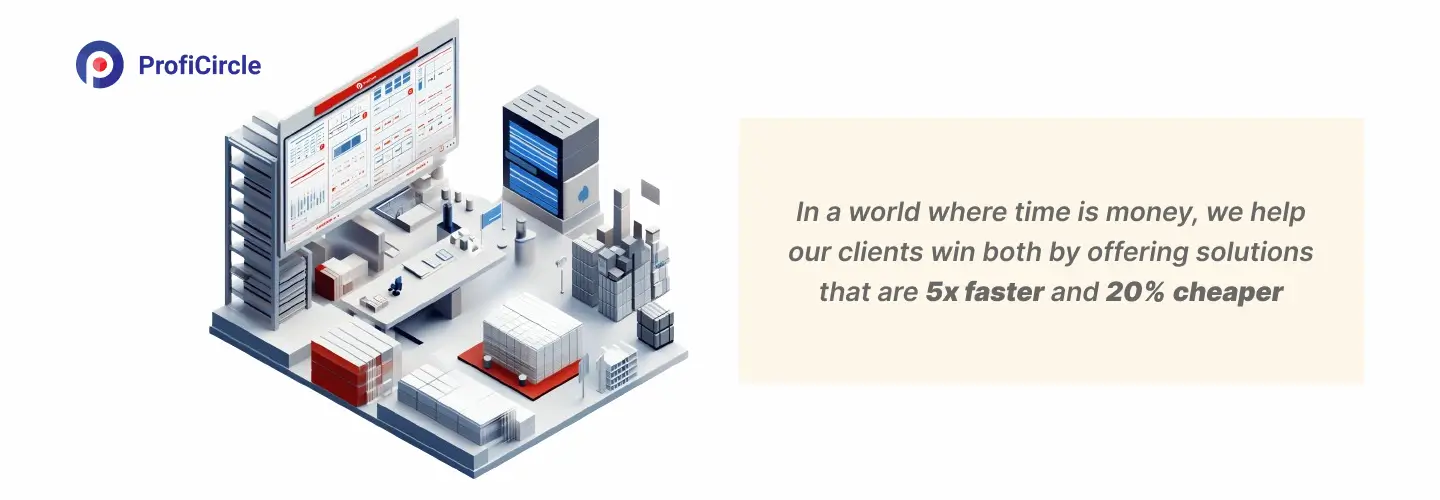Illustration of the ProfiCircle digital platform showcasing an optimized warehouse sourcing process, with the platform's interface displayed on a large screen surrounded by graphical representations of warehouses, shelves, and computer systems.